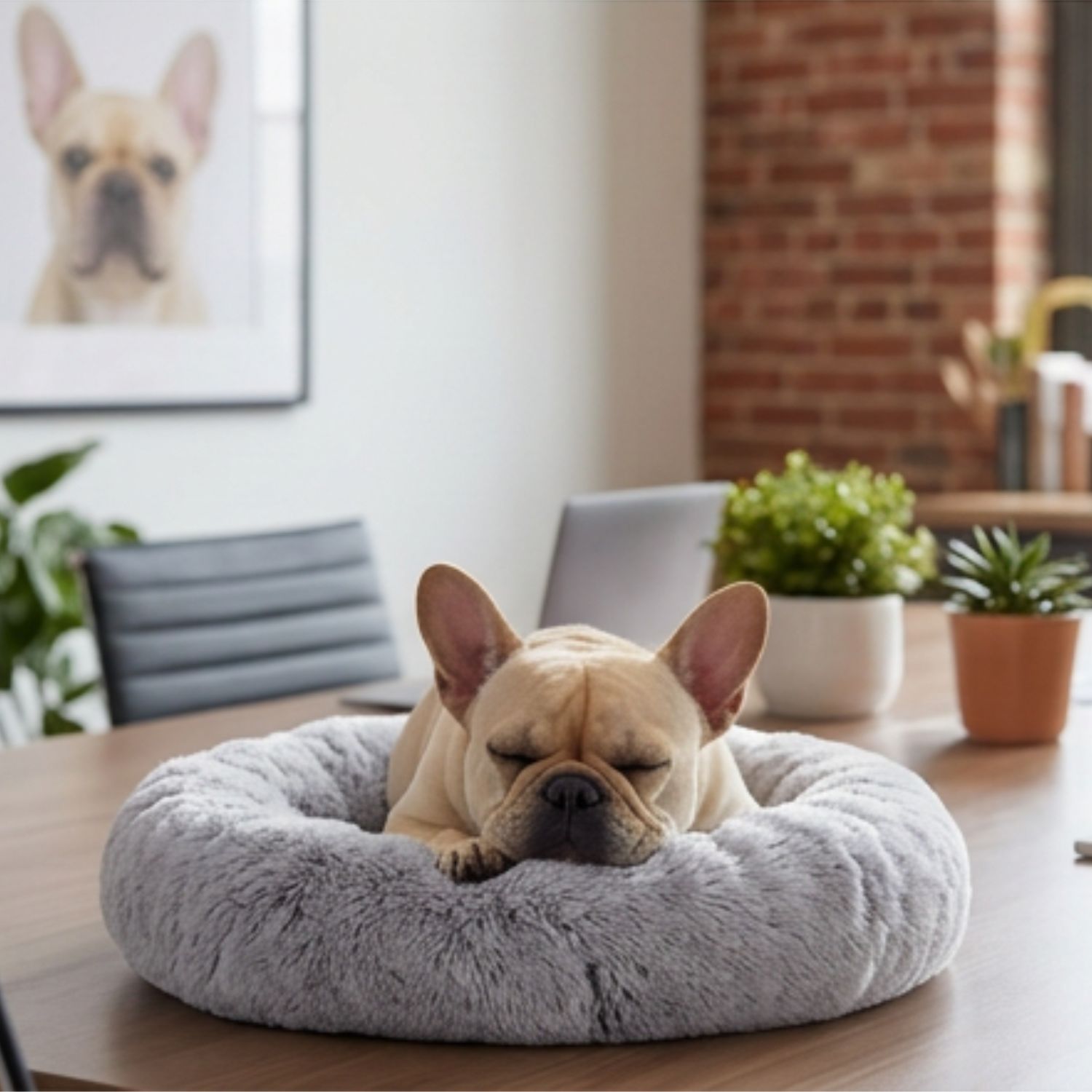 Fifi asleep on her bed at a desk — the CEO of Sleep in her natural environment