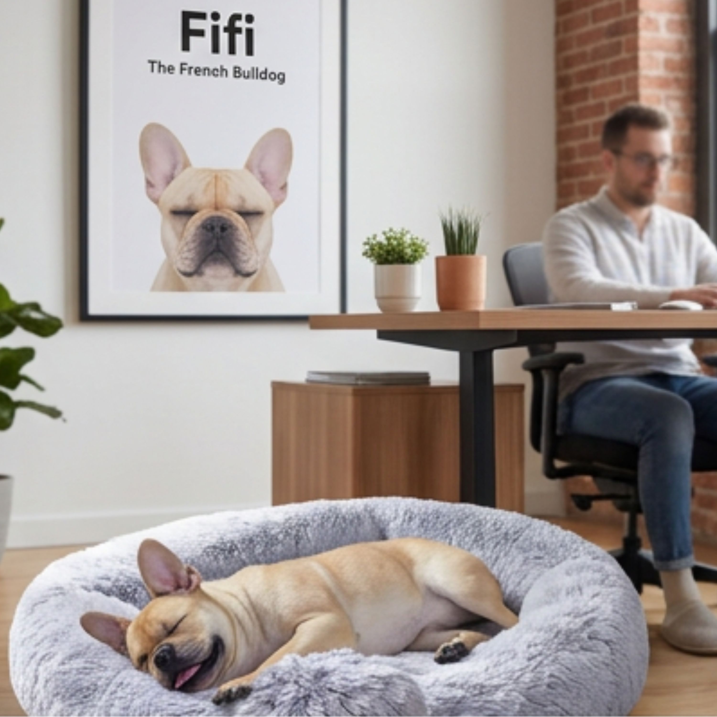Fifi asleep on an ottoman in a bright modern office with a whiteboard behind her
