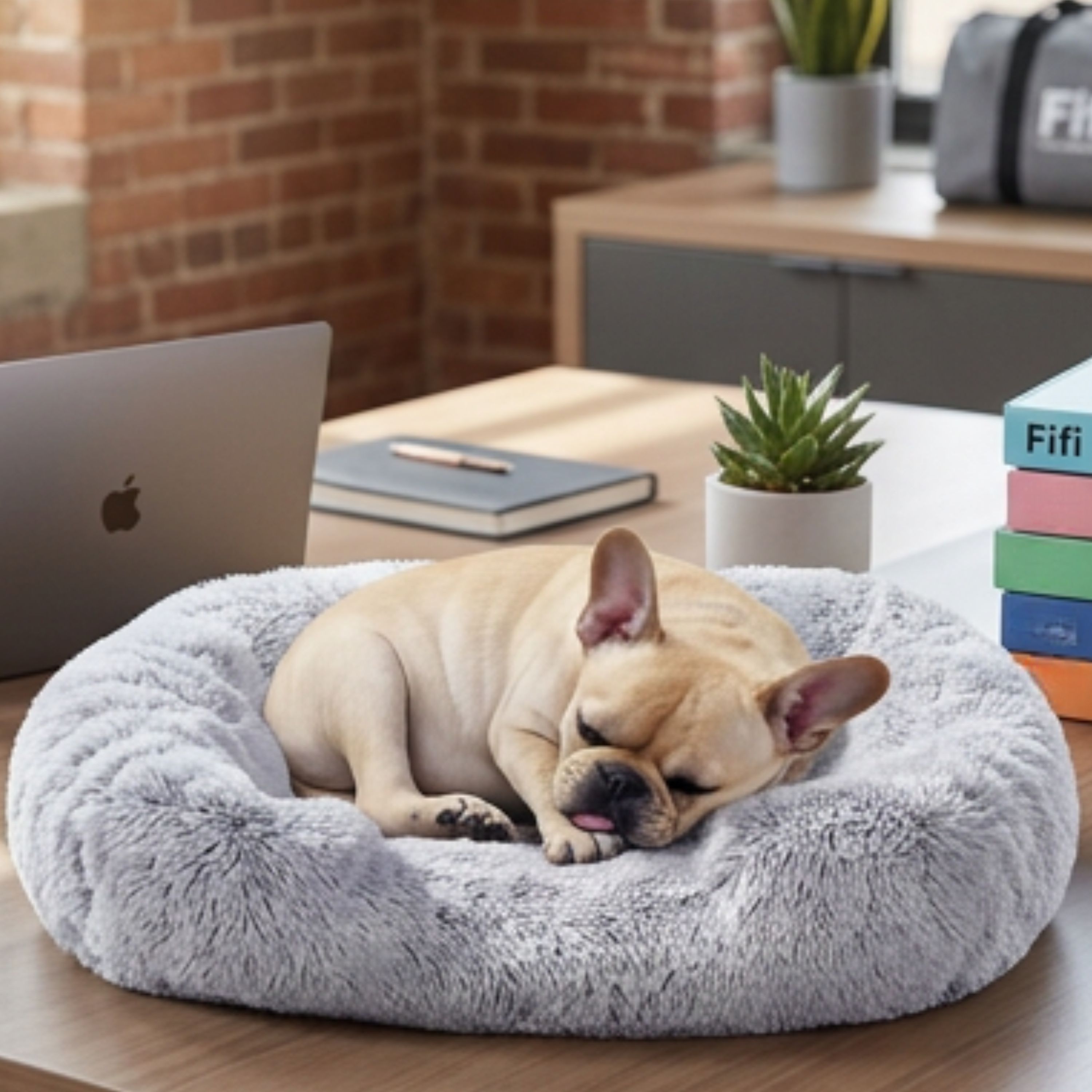 Fifi the French Bulldog deeply asleep on a fluffy round dog bed on an office desk, surrounded by a laptop and plants