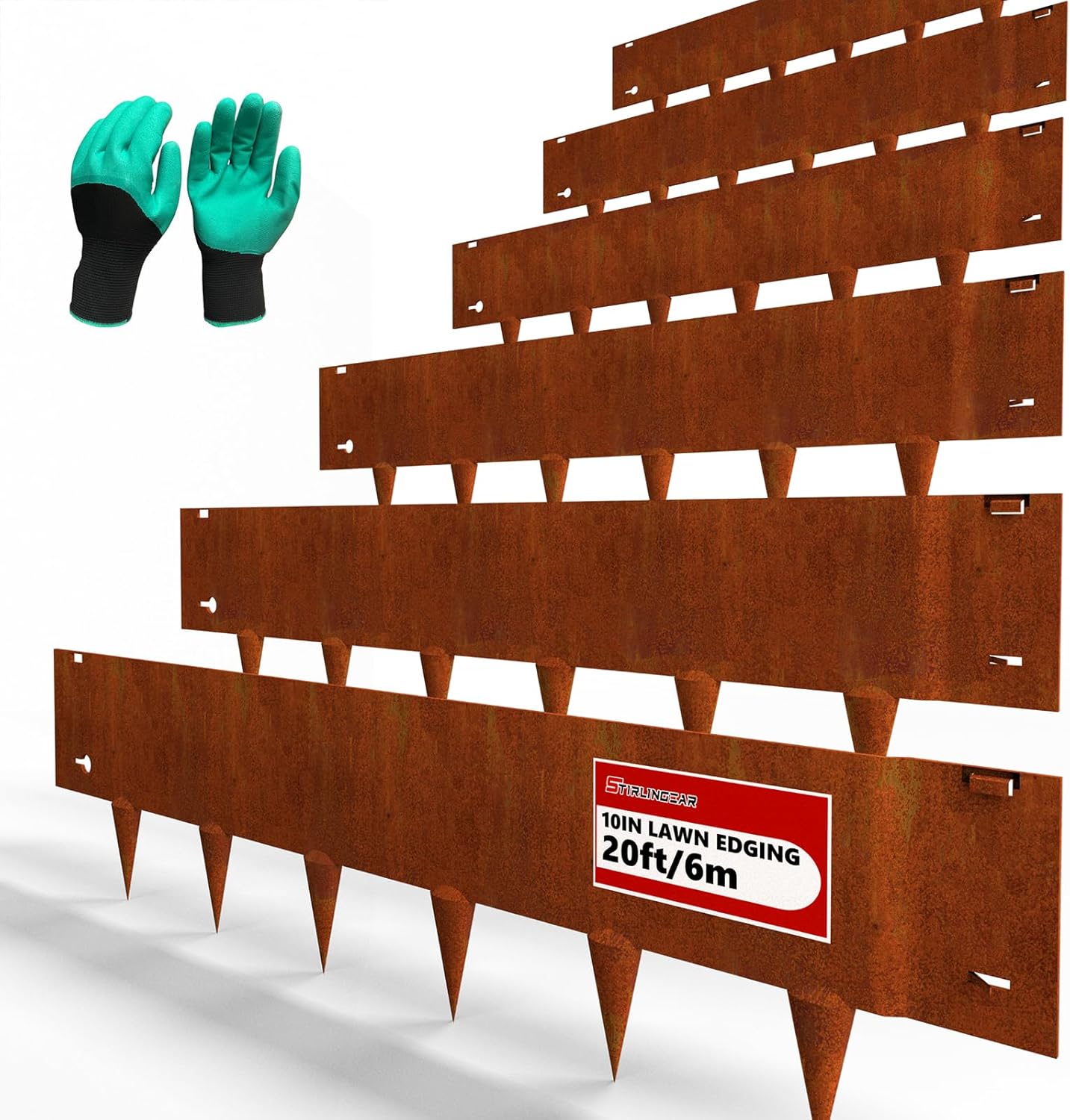 Corten steel edging 6-pack set — 20ft total coverage, hammer-in design, safety gloves included