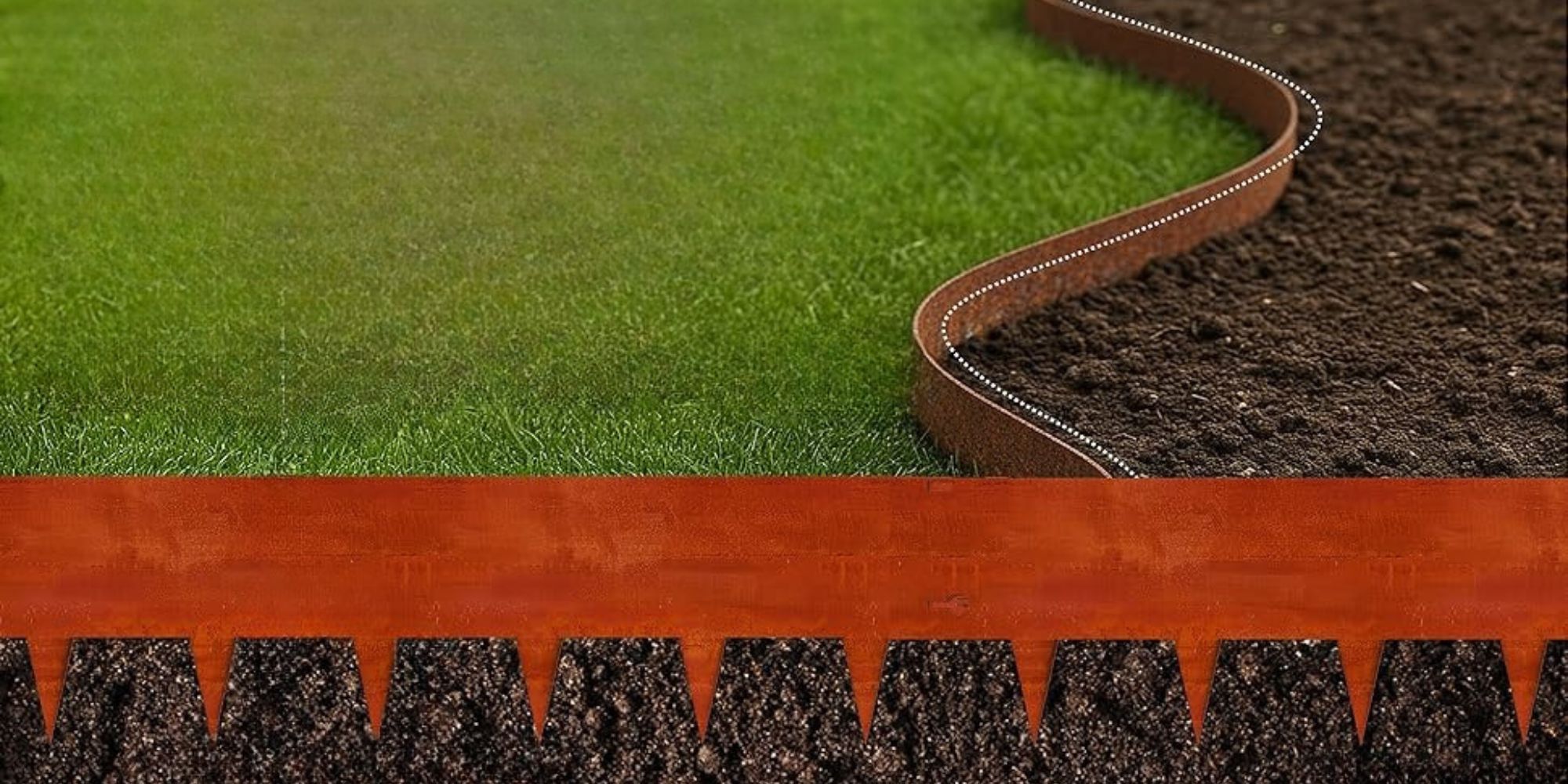 Corten steel landscape edging installed along a garden border, showing the rich rust-coloured weathered patina