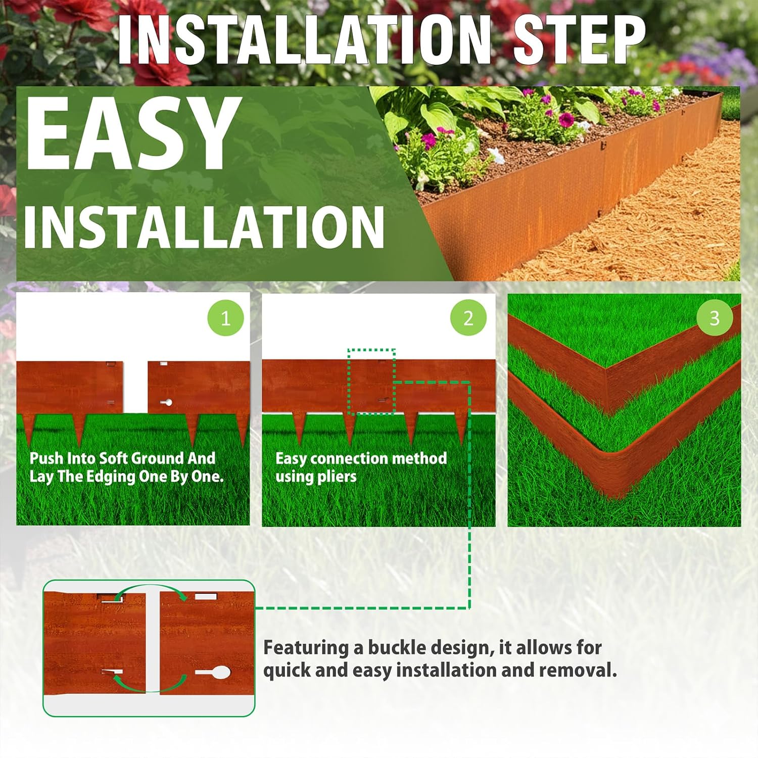 Steel corten edging easy installation — push into ground, connect with buckle system, 3-step process shown with finished garden edge