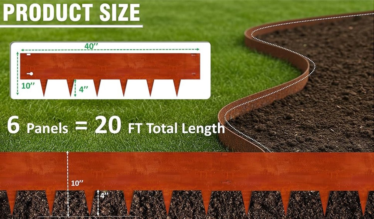 Cor ten steel landscape edging product size — 40 inch panels, 10 inch total height, 6 inch face, 4 inch stake, 6 panels cover 20 feet