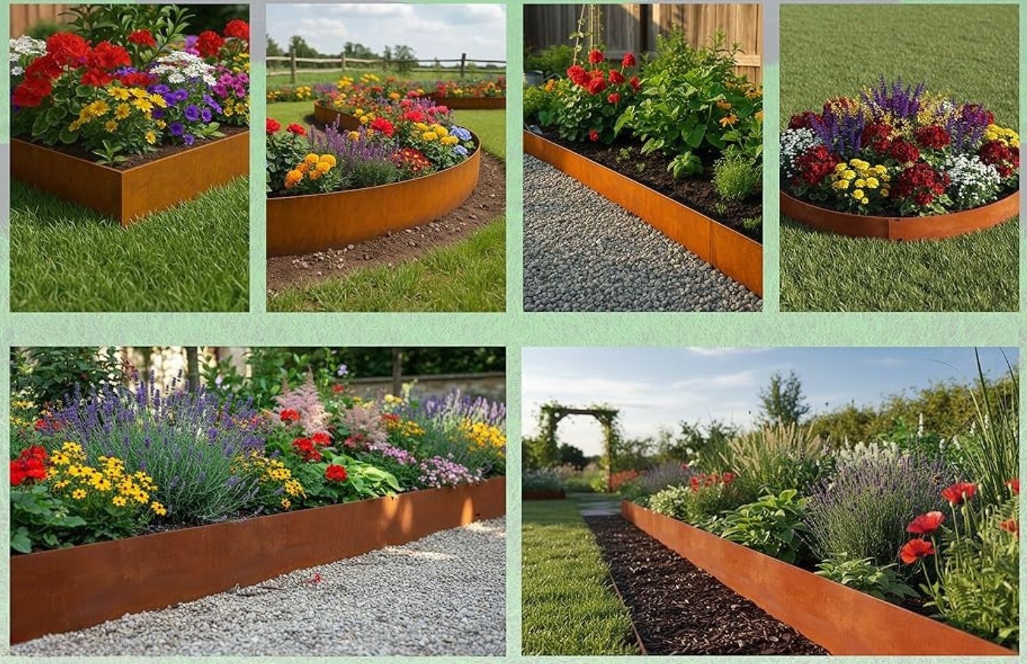 Corten edge garden inspiration — six landscape scenes showing warm rust-patina steel edging framing colourful flower beds, gravel pathways, lawn borders and yard landscaping
