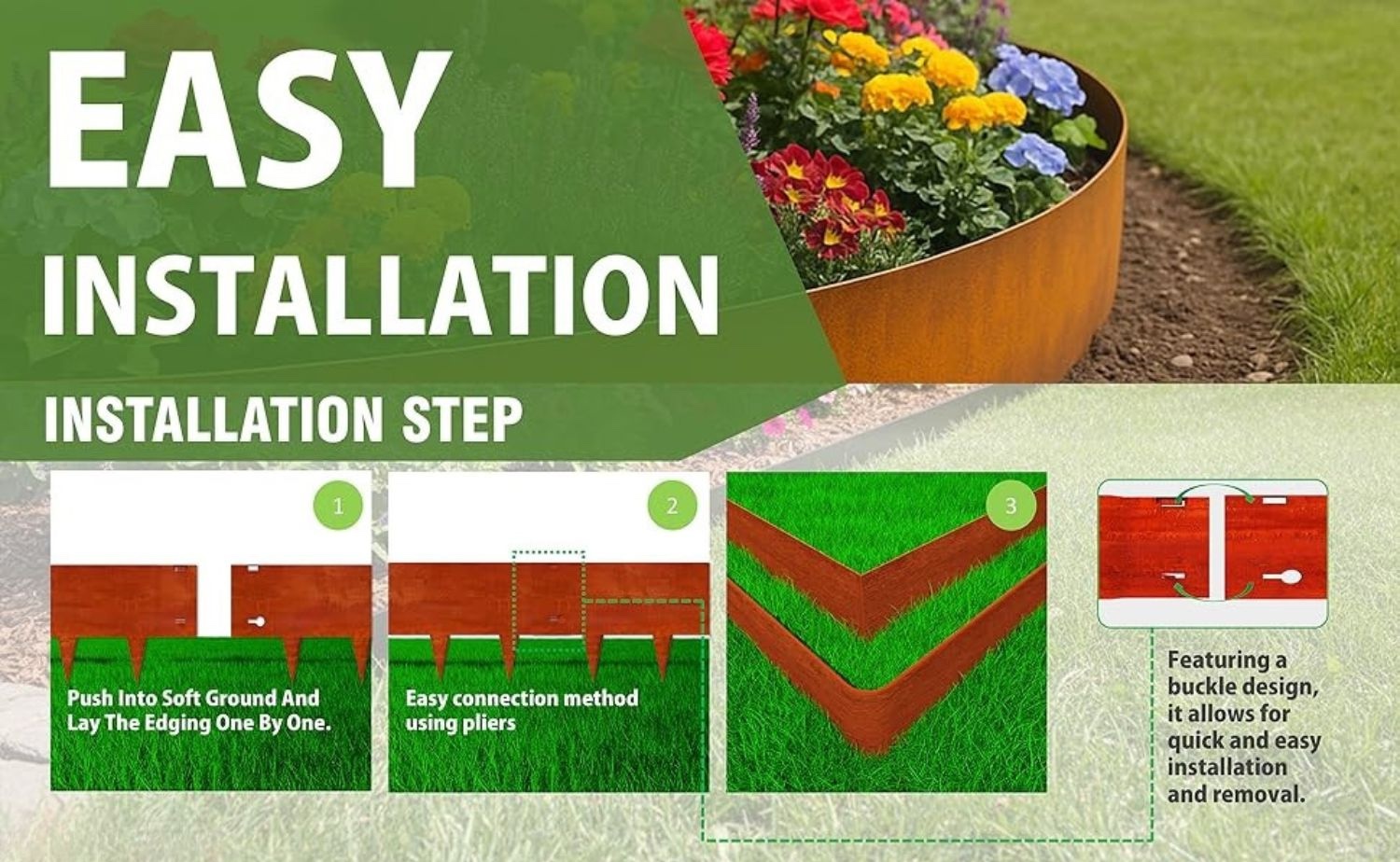 Corten garden edging easy 3-step installation — push into soft ground one by one, connect with buckle system, featuring seamless joints and a professional finished garden edge