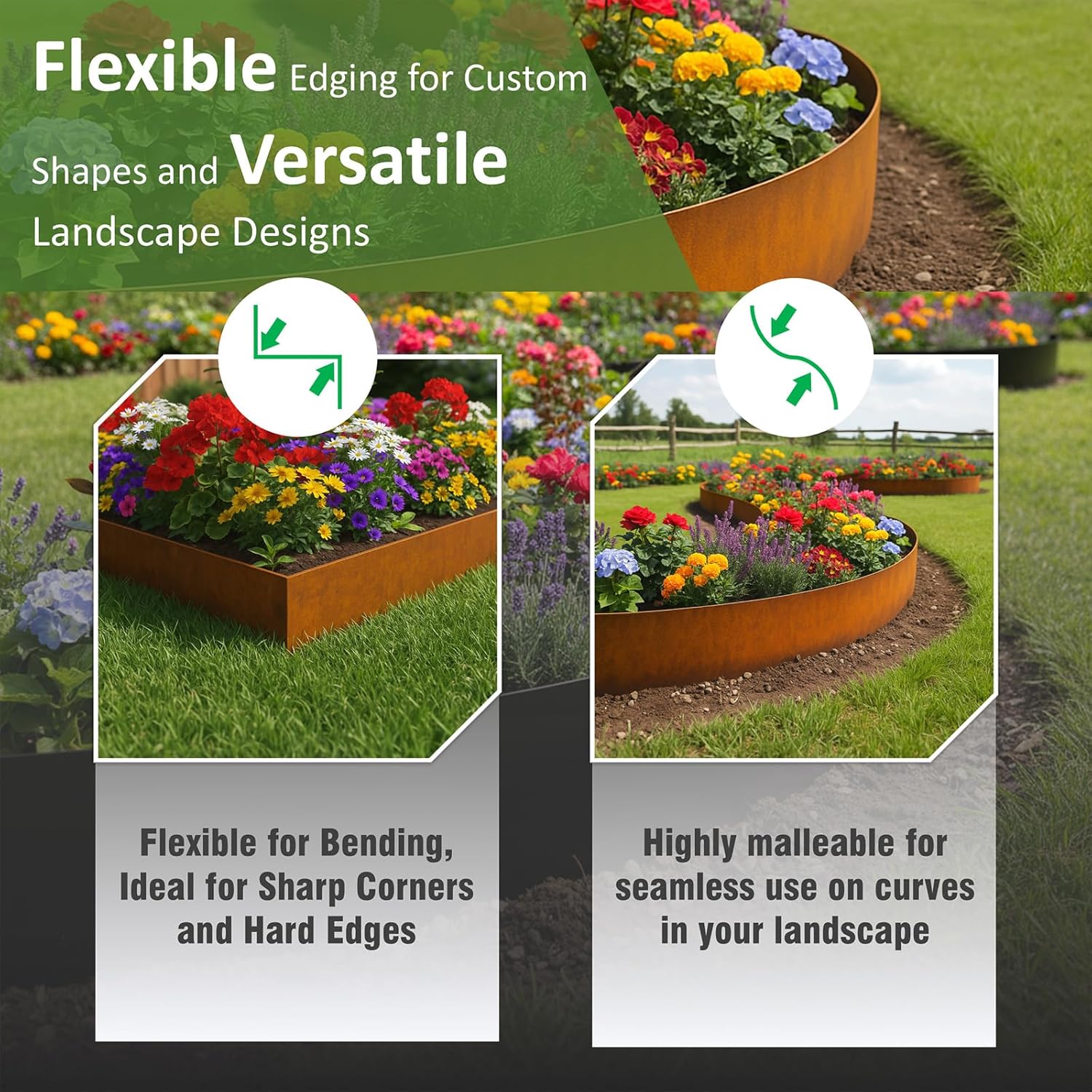 Corten metal landscape edging — flexible for sharp corners and curved borders, shown framing colourful flower beds