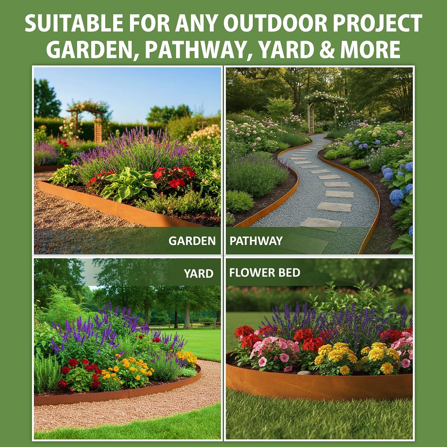 Corten steel landscape edging in four applications — garden bed border, curved pathway, yard edging, and flower bed border with rich rust patina