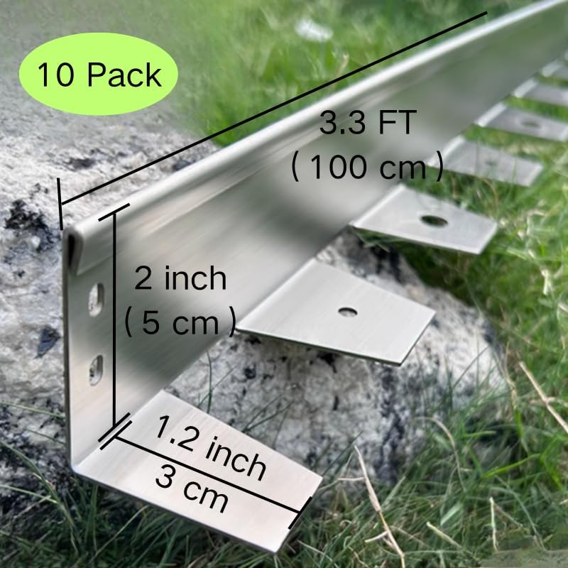 Garden edging stainless steel with annotated dimensions — 3.3ft length, 2 inch face height, 1.2 inch stake depth