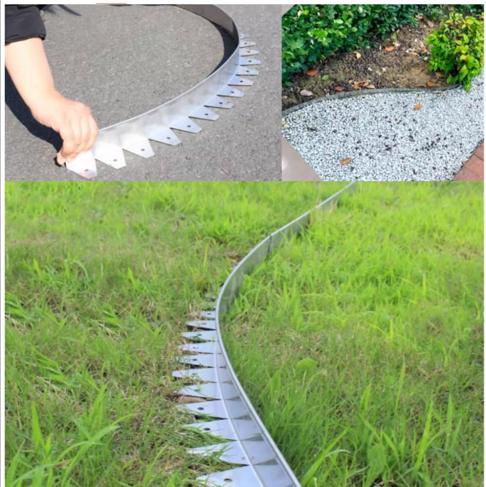 Stainless garden edging creating curved border between lawn and gravel driveway — path edging application
