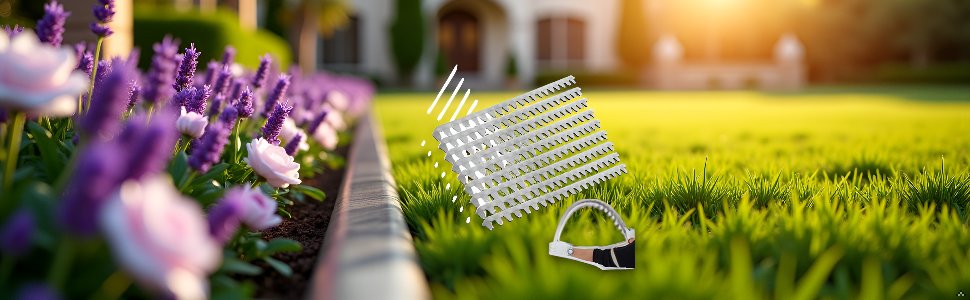 Premium stainless steel grass edging defining a clean border between a vibrant lawn and a colourful garden bed of lavender, roses and flowering plants