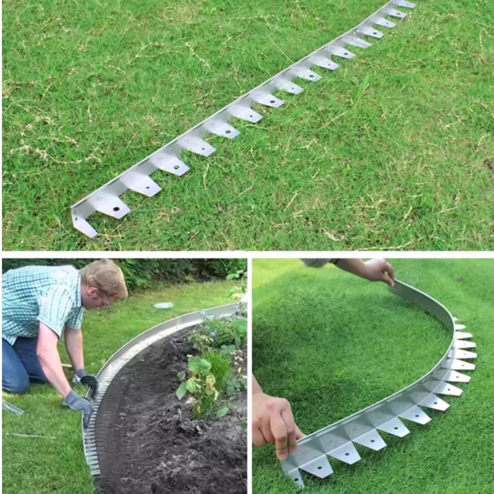 Stainless steel grass edging shown in three views — a strip laid flat on grass before installation, a person curving the edging around a flower bed, and a finished curved border on a lawn