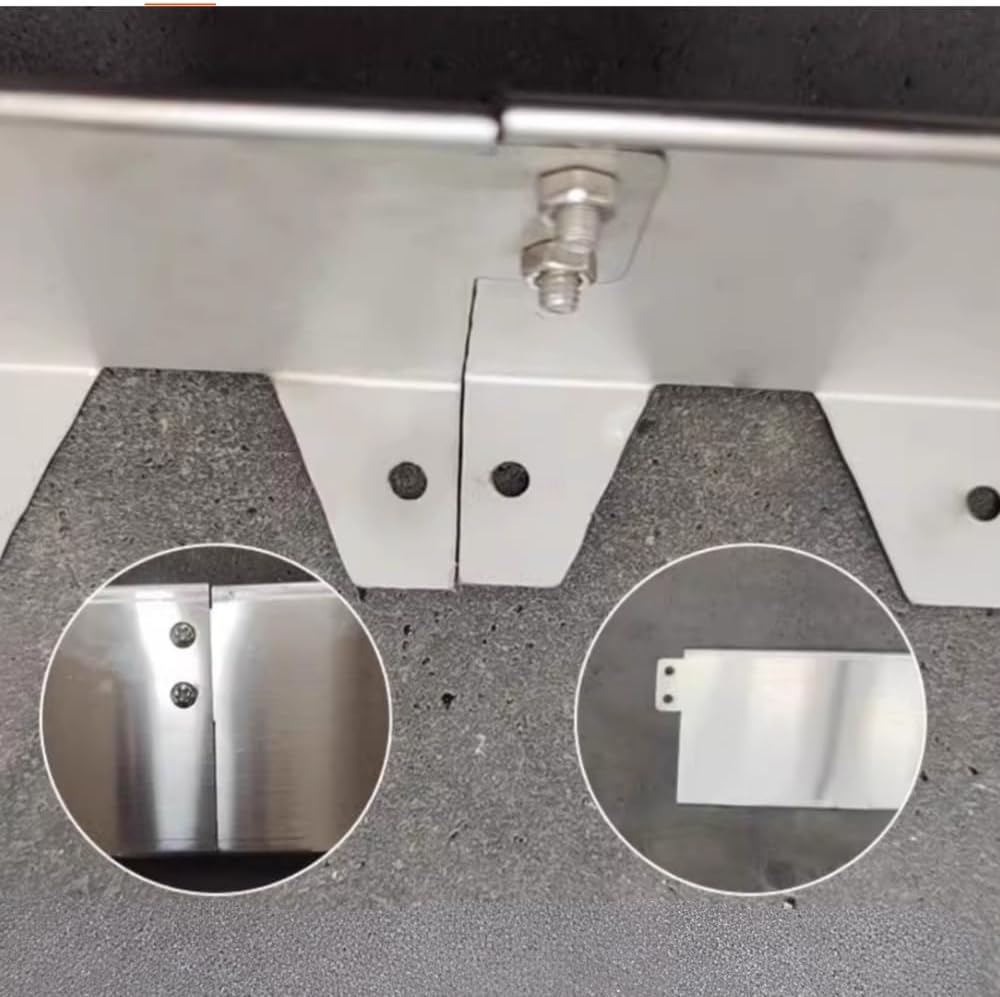 Stainless steel lawn edging connector system close-up — screw and bolt join between strips showing precision engineering