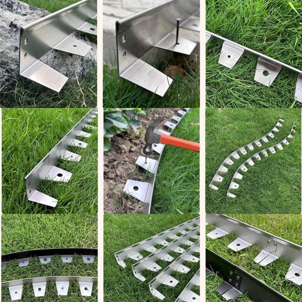 Stainless steel path edging detail — installation showing connector plates, stake system, and finished curved and straight borders in lawn and gravel garden applications