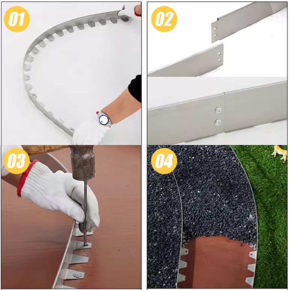 Steel metal edging landscaping installation guide — 4-step process showing bending, connecting, staking and the finished gravel and grass border result