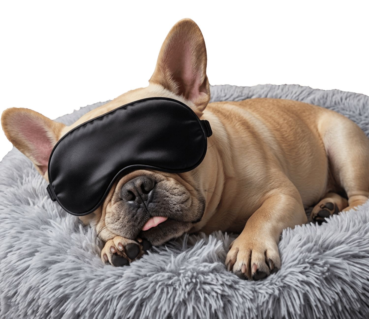 Fifi the French Bulldog asleep on her round fluffy bed at an office desk — best warehouse direct supplier
