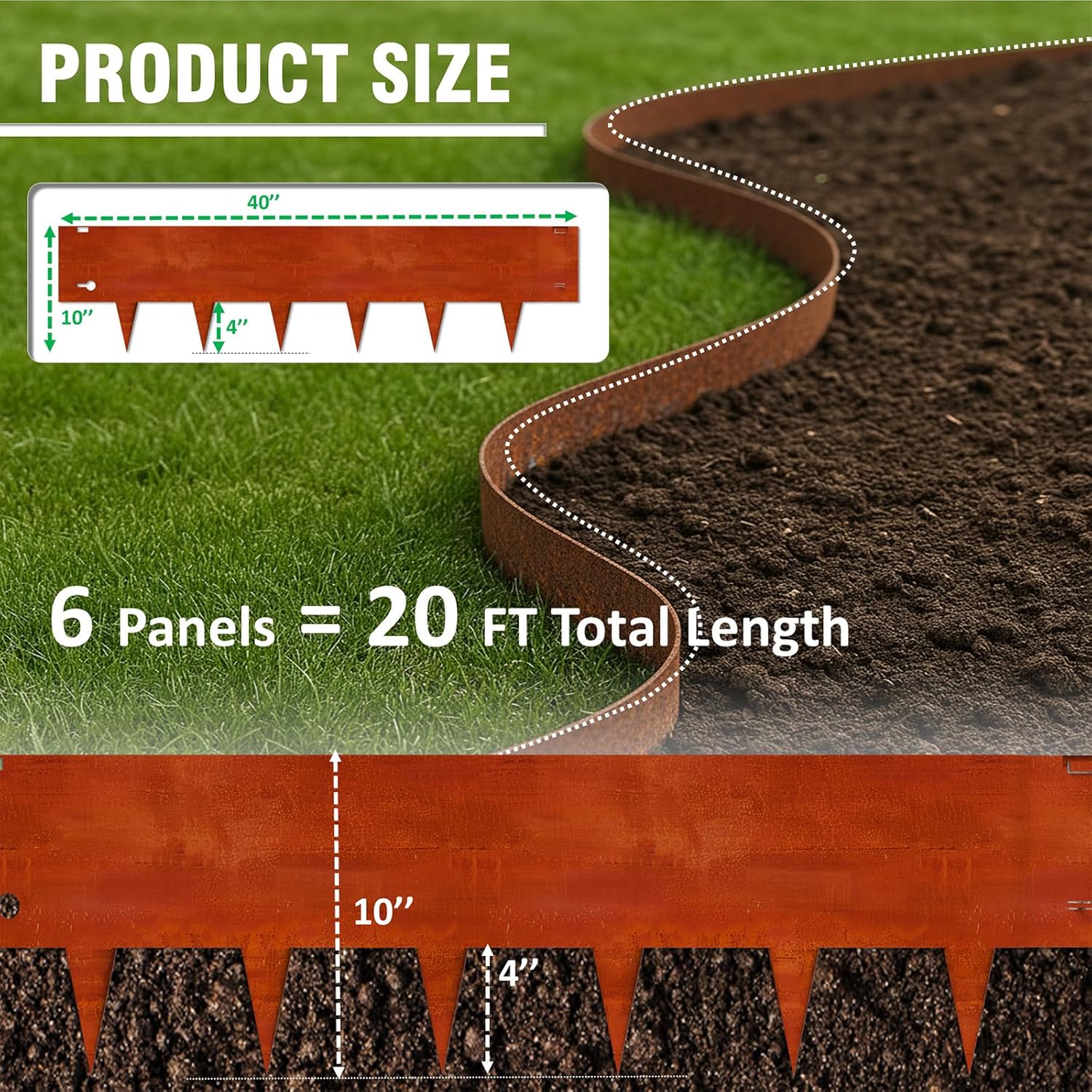 Weathering steel edging product size diagram — 40 inch length, 10 inch total height with 6 inch face and 4 inch stake, 6 panels equal 20ft