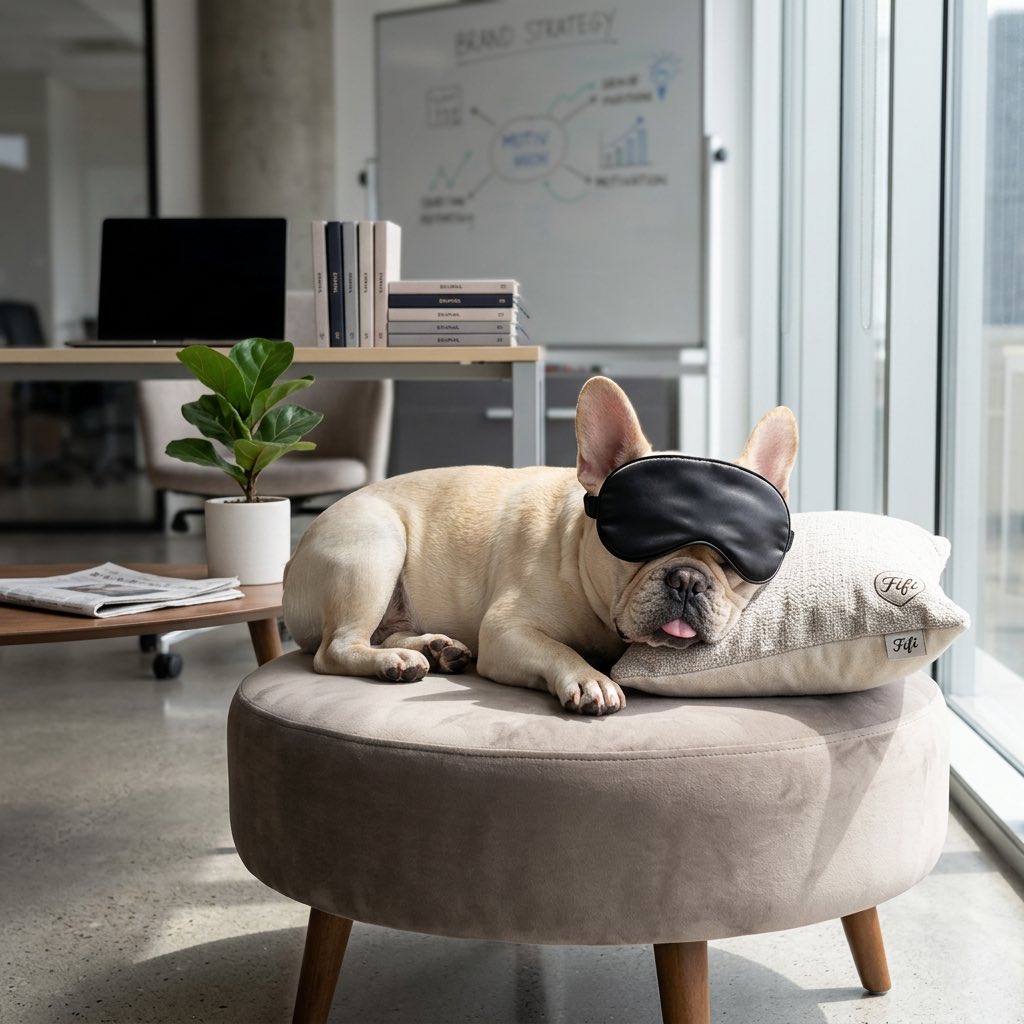 Fifi the French Bulldog wearing a sleep mask on a fluffy grey dog bed — clearly taking her role as Chief Napping Officer very seriously